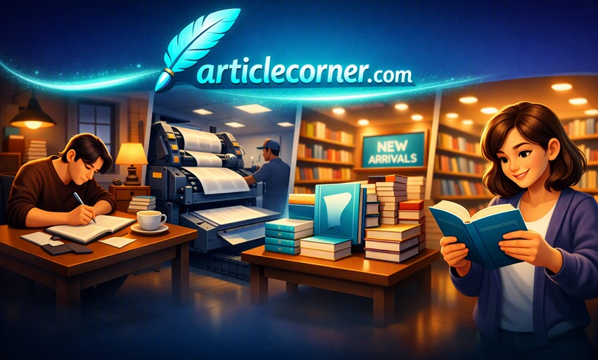 A visual representation of the creation process of a book with the articlecorner.com logo.