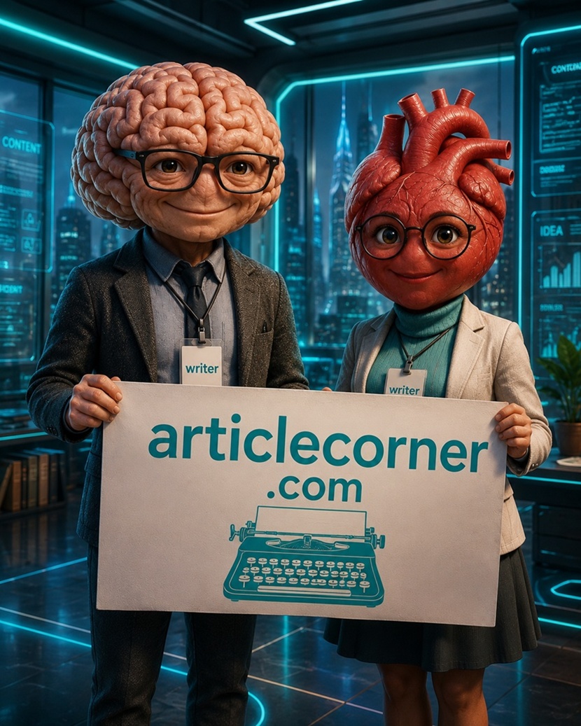 Realistic brain and heart writer characters holding the ArticleCorner.com banner in a futuristic office digital illustration