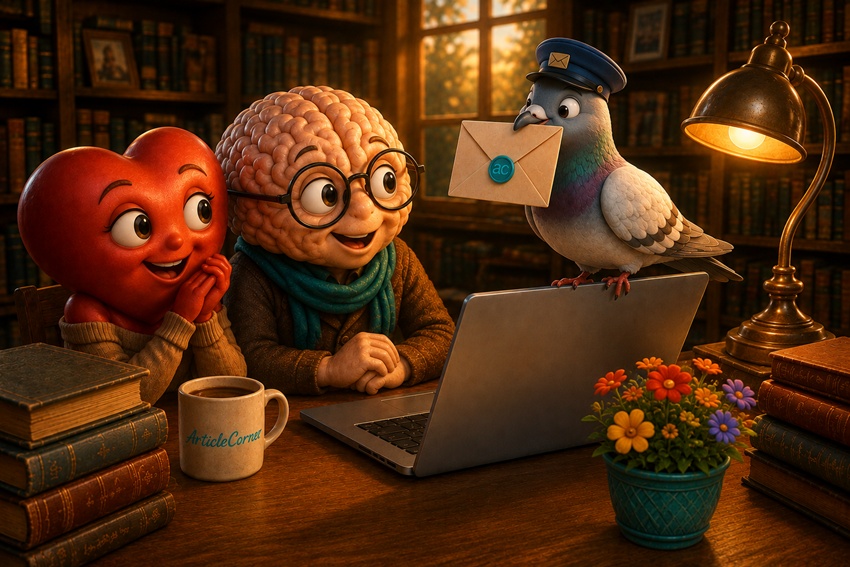 The brain and heart are sending a thank-you message via a carrier pigeon. articlecorner.com fiction-themed visual