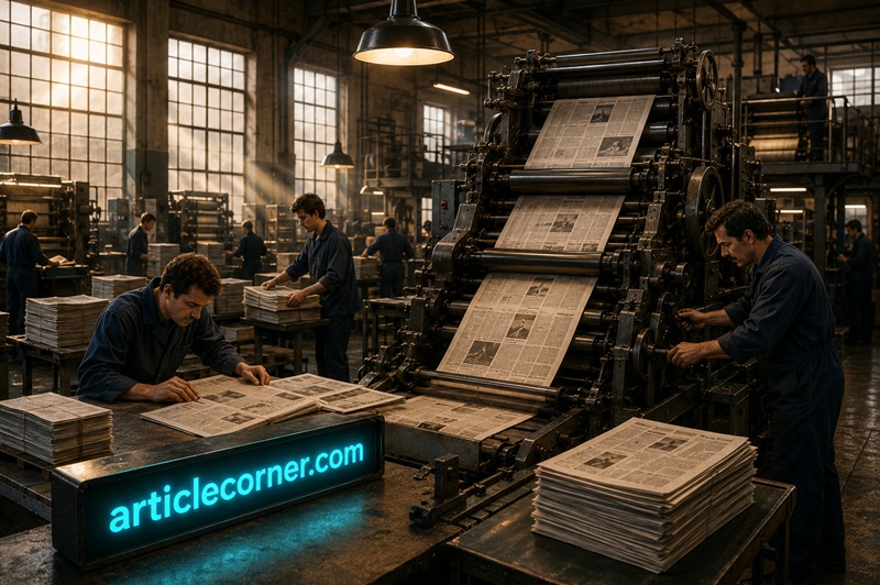 Workers operating a vintage newspaper printing press in the 1980s newsroom with ArticleCorner.com, celebrating traditional journalism, newspaper publishing, and the history of print media.