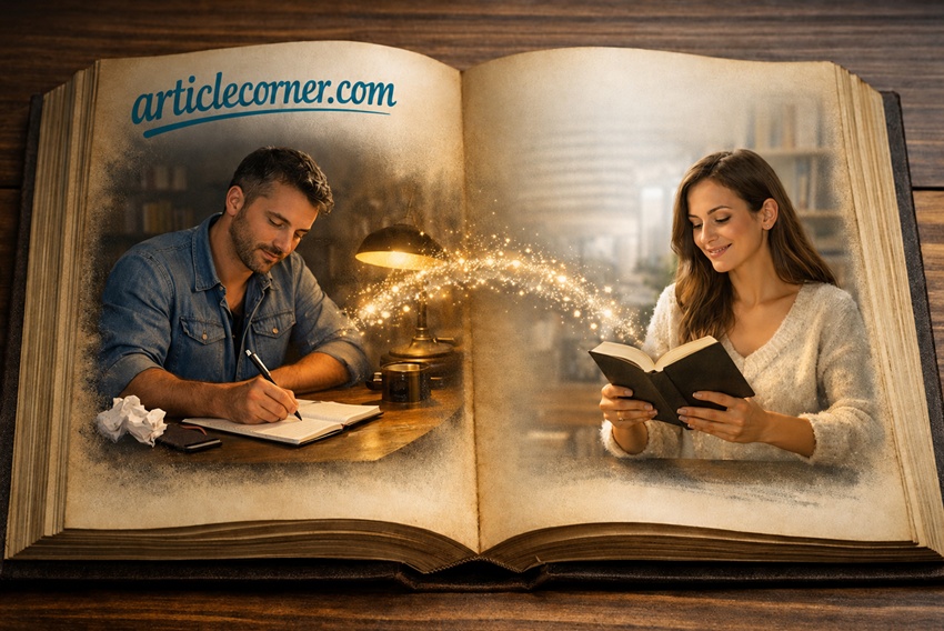 ArticleCorner.com open book illustration showing a writer creating an article and a reader enjoying a book, symbolizing the connection between writing, reading, knowledge, and storytelling.