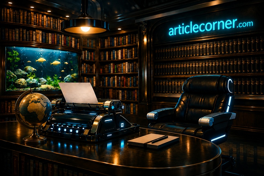 articlecorner-Luxury writer office with vintage typewriter, globe, library, aquarium and articlecorner.com illuminated sign