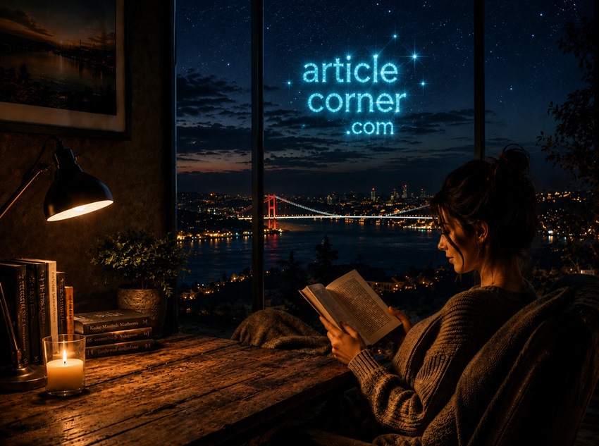 Woman reading a book in a cozy office at night with a cup of coffee, overlooking a city skyline through a large window, realistic atmosphere,articlecorner.com