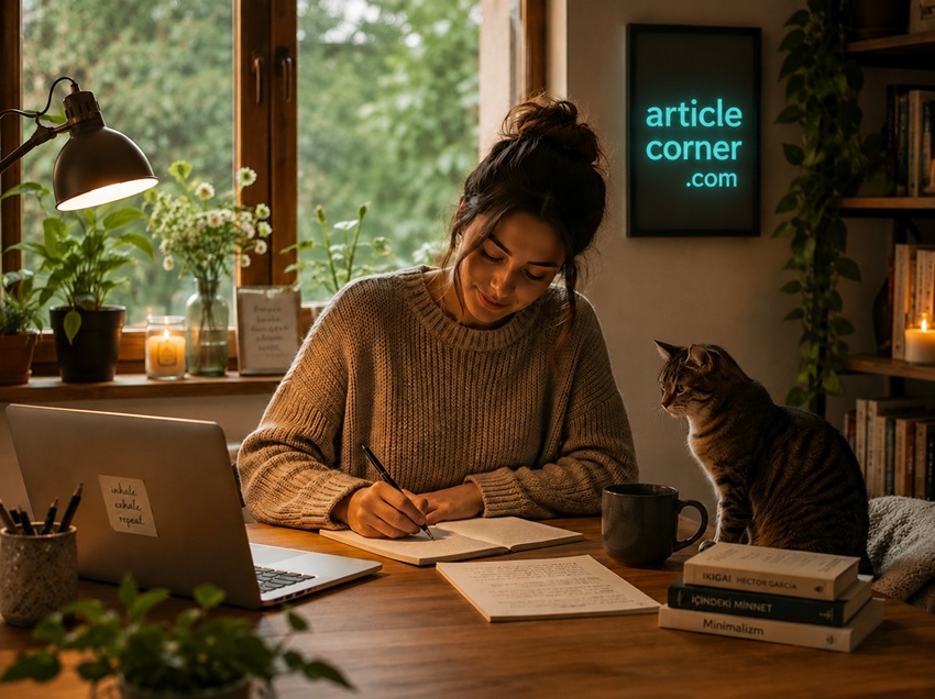 articlecorner.com-Woman writing in a notebook at a peaceful desk with a laptop and a cat beside her, reflecting the therapeutic power of writing and creativity,writer